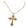Retro aged carved cross diamond-encrusted pendant, Baroque-patterned stainless steel snake bone chain, matte gold, antique style, unique and niche, layered metal necklace Item Picture